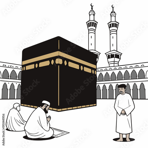 Illustration of people praying near the kaaba