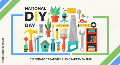 National diy day celebration with various handyman tools and home improvement items on white background