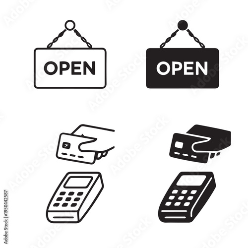 Black and white icons of open signs and hand holding card over payment terminal representing store availability and electronic transactions