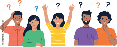 Diverse group of people feeling confused with question marks, men and women searching for answers, solving problems, and brainstorming together in flat vector style