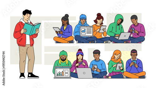 Digital Literacy and Literature: A diverse group of students, absorbed in the digital world, contrasted with a solitary individual enjoying the tactile experience of a book.
