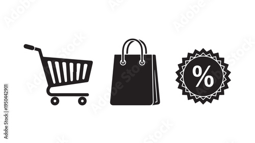 Shopping cart icon with bag and discount percentage symbol for e-commerce concepts