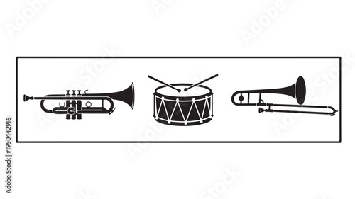 Musical Instruments Icons Trumpet Trombone Snare Drum On White Background For Music Concepts