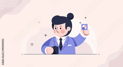 Cartoon businessman presenting a pie chart and a camera
