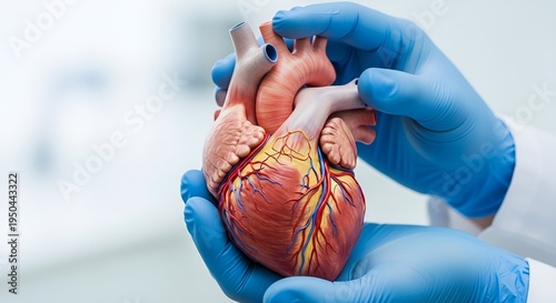 Cardiologist holding realistic heart model used for patient education and healthcare awareness about cardiovascular conditions.