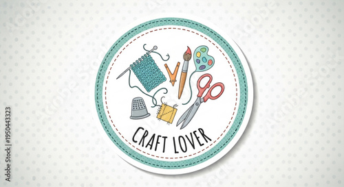 Craft lover badge with sewing and art supplies on white background with green border