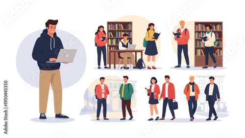 Education Hub: Students from various academic fields navigate their university life. Illustration emphasizes the diversity and vibrancy of academia.