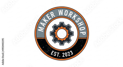 Maker workshop logo with gear and text on white background symbolizing innovation and creativity