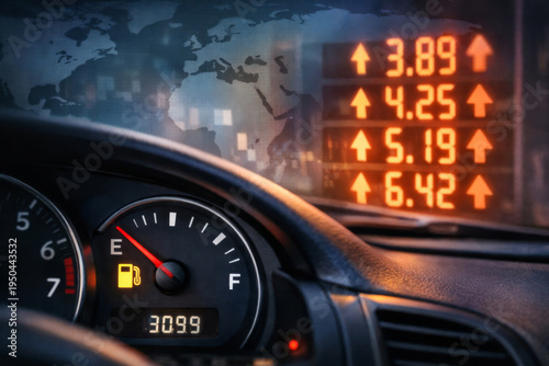 Fuel gauge showing low level amid high gas prices and economic crisis