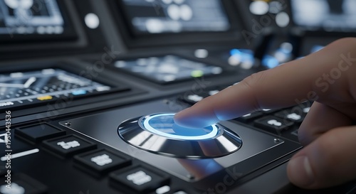 Human finger presses a glowing blue circular button on a complex digital control panel