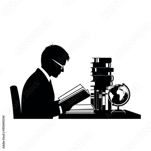 Silhouette of a man reading a book at a desk with a stack of books and a globe.