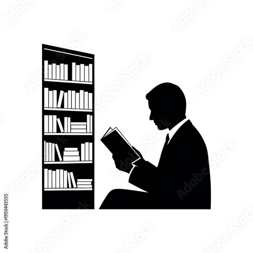 Silhouette of a man reading a book next to a bookshelf.