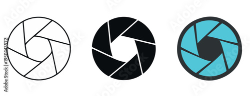 Camera shutter icons showing aperture variations in outlined, filled, and colorful styles