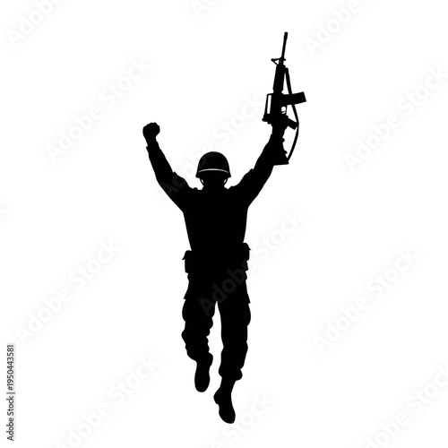 Silhouette of a triumphant soldier raising a rifle in victory.