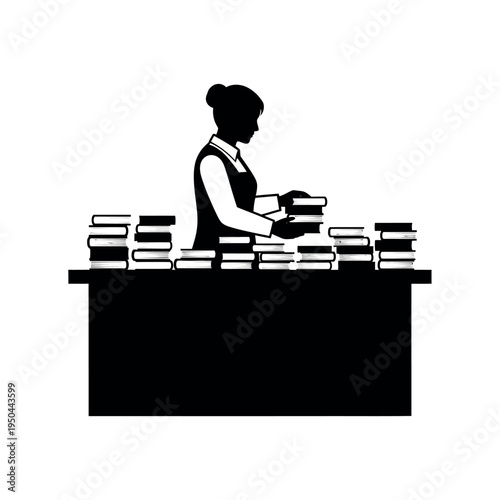 Silhouette of a woman organizing books on a desk.