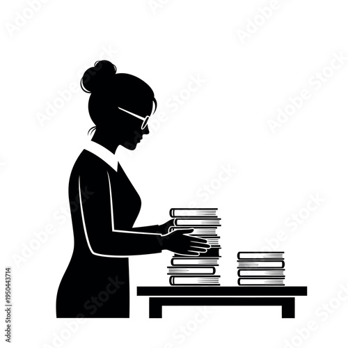 Silhouette of woman with glasses stacking books on a table.