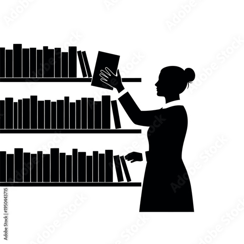 Silhouette of woman selecting book from library shelf.