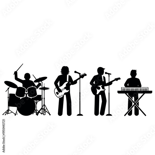 Silhouettes of a musical band performing on stage.