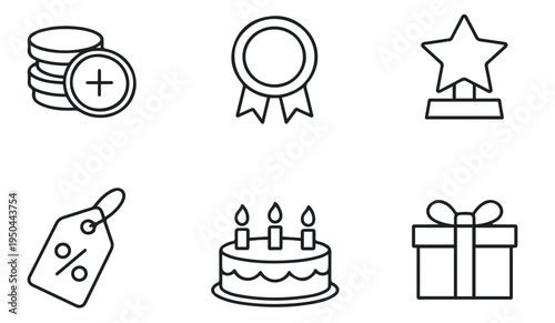 Black outline icons of coins medal trophy tag cake and gift box representing rewards discounts achievements and celebrations