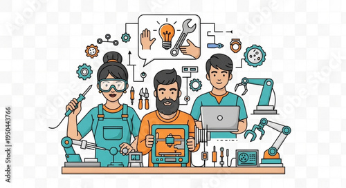 Three diverse engineers working together on technology projects with tools and robotic arms in a workshop