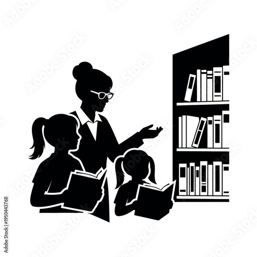 Teacher and students reading books in library.