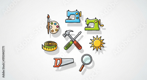 Colorful diy and crafting tools icons set including sewing machines paintbrush hammer and saw on white background for creative projects and hobby concepts
