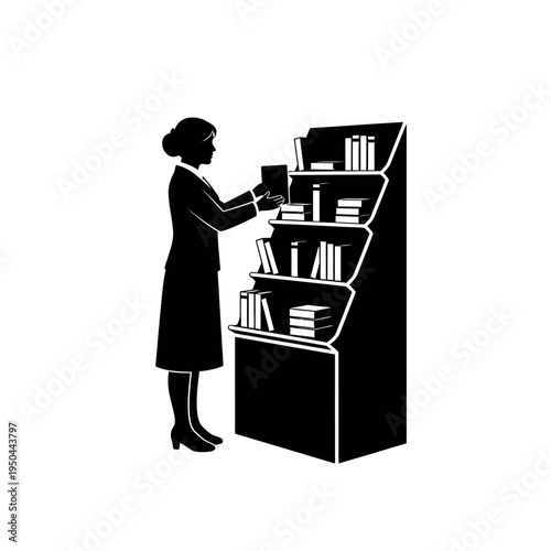 Woman arranging books on a modern bookshelf.