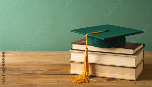 A green graduation cap with yellow tassel rests atop stacked books on a wooden surface, symbolizing education, achievement, and scholarly success against a vibrant backdrop.