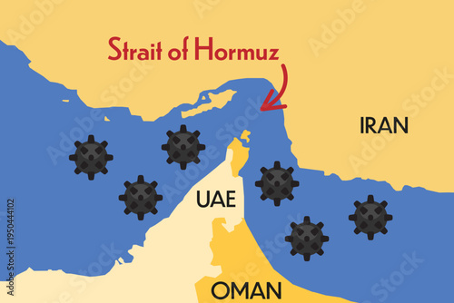 Strait of Hormuz map with sea mine icon. Danger in region. Iran,israel and USA conflict.