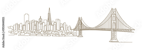 San Francisco skyline and Golden Gate bridge in continuous line art style vector