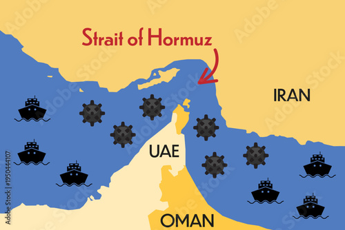Strait of Hormuz crisis - vector illustration. Sea mines and cargo ship icons.