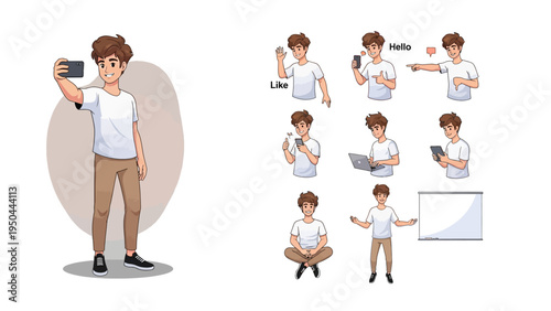 Versatile Digital Lifestyle: A compilation of illustrations depicts a young individual immersed in various aspects of a digital life, utilizing modern technology for communication, creation.