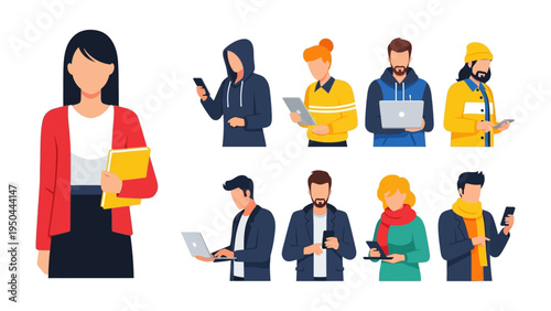 Tech-Savvy Community: A collection of stylized characters, each engrossed in their own technological sphere, reflecting the digital age and interconnectedness of modern life. 