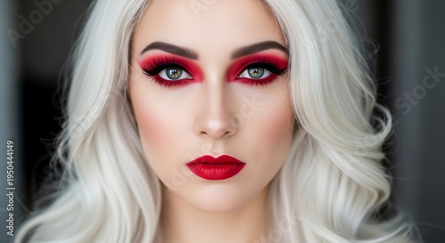 Striking portrait of a fair-haired woman featuring dramatic vibrant red makeup