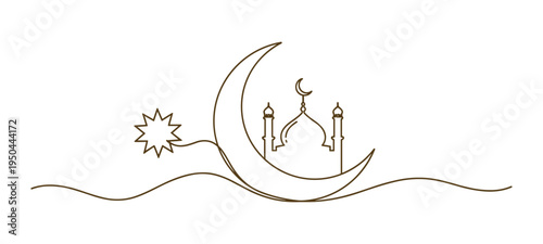 Continuous line drawing of islamic mosque, half moon and star vector illustration