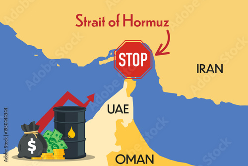 Strait of Hormuz and crude oil price rise. Vector illustration.