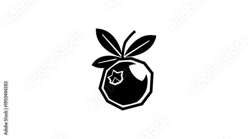Black and white geometric fruit design with leaf detailing