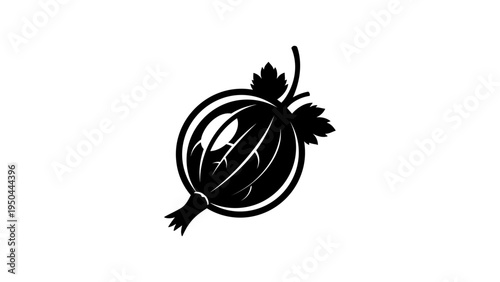 Black and white silhouette of gooseberry with leaves on white background