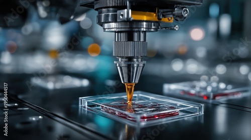 A precision 3D bioprinter deposits bioink onto a petri dish, showcasing advanced tissue engineering and regenerative medicine technology in a sterile lab environment.