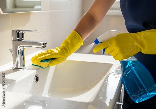 Person wearing protective gloves cleans a ceramic bathroom sink with a spray bottle and sponge
