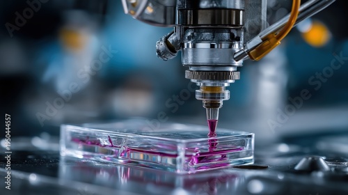 A precise 3D bioprinter nozzle deposits purple biomaterial into a transparent rectangular mold, showcasing advanced tissue engineering technology.
