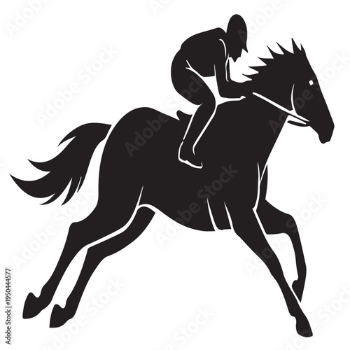 Horse racing icon showing jockey riding galloping horse in black silhouette style