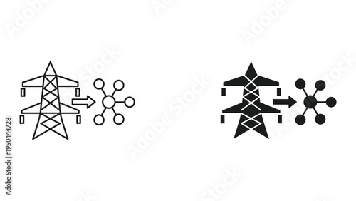 Smart Grid Icon: Power Tower Transmitting Energy to Connected Network Nodes