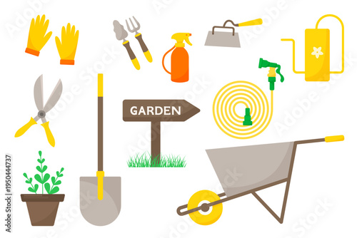Set of gardening tools and equipment icons including gloves, shovel, wheelbarrow, hose and pruners. Colorful flat illustration collection for garden work, farming, landscaping and outdoor design.