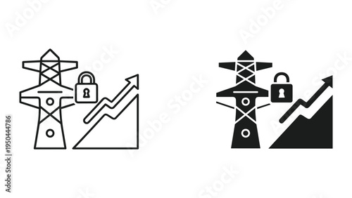 Power Grid Security and Growth Icon: Electricity Tower, Lock, and Upward Trend Graph