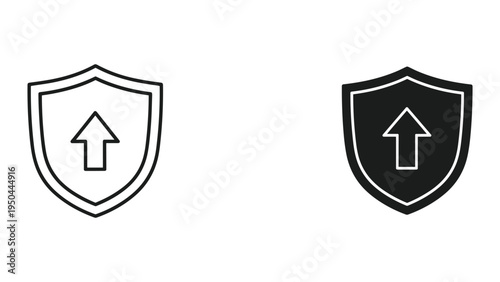 Shield with Upward Arrow Icon Set: Outline and Solid Black, Symbolizing Protection, Growth, Security