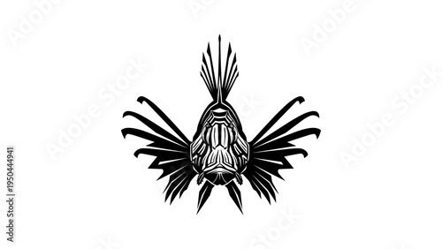 Black and white tribal style lionfish design with detailed patterns