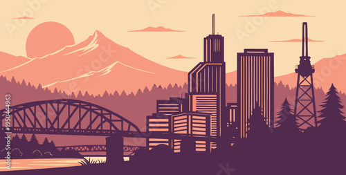 Portland Cityscape Sunset with Mountain and Bridge Silhouette