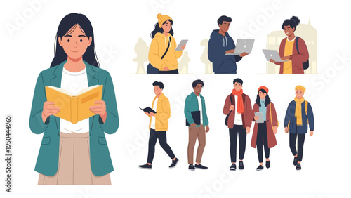 Modern University: Students in their daily lives. A collection of diverse students engage in various activities on campus.