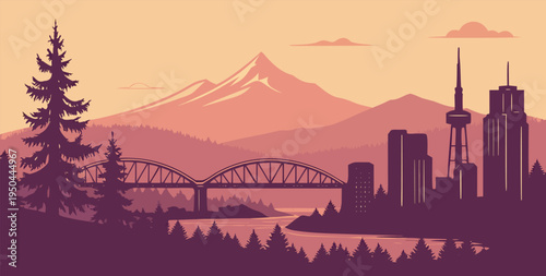 Portland Oregon Sunset Skyline Illustration with Gradient Sky